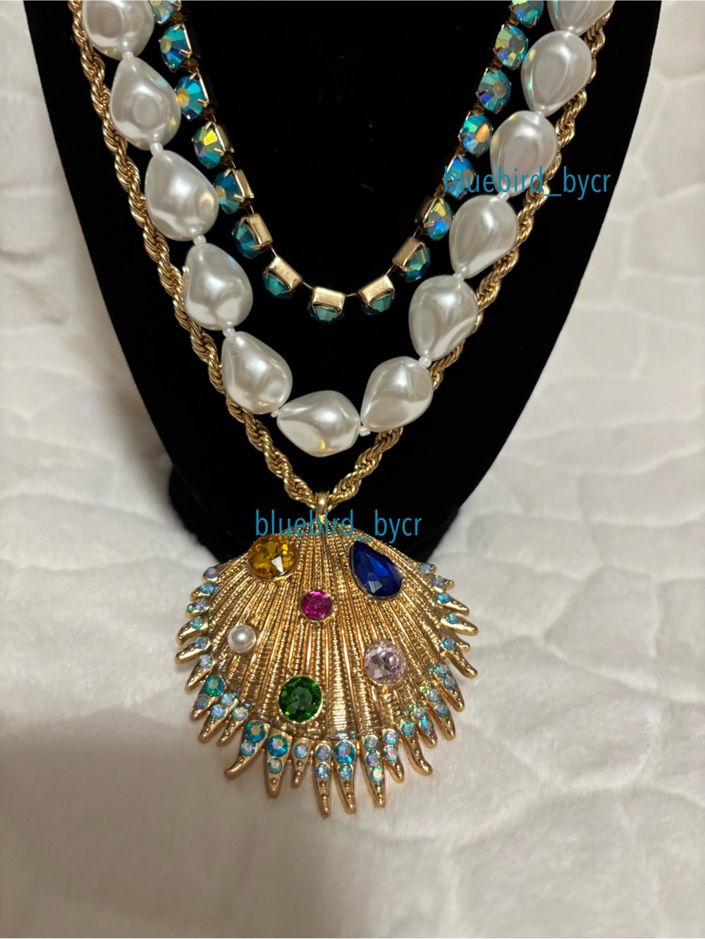 Natasha Gold Shell Pendant Necklace with White Pearls and Blue-Green Crystals - Picture 5 of 7